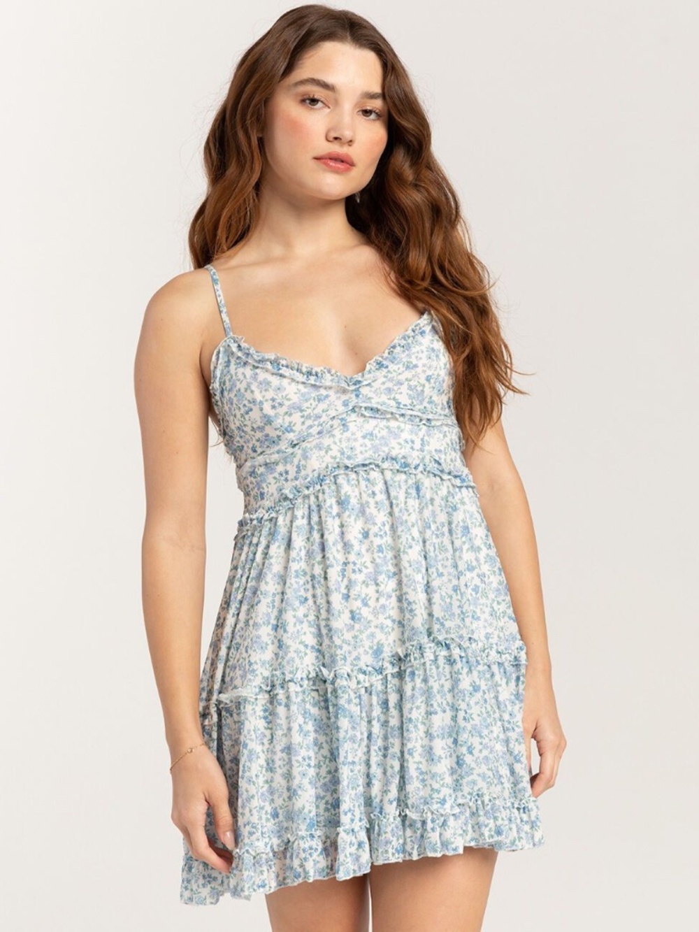 Full Tilt Blue Floral Tiered Mini Dress